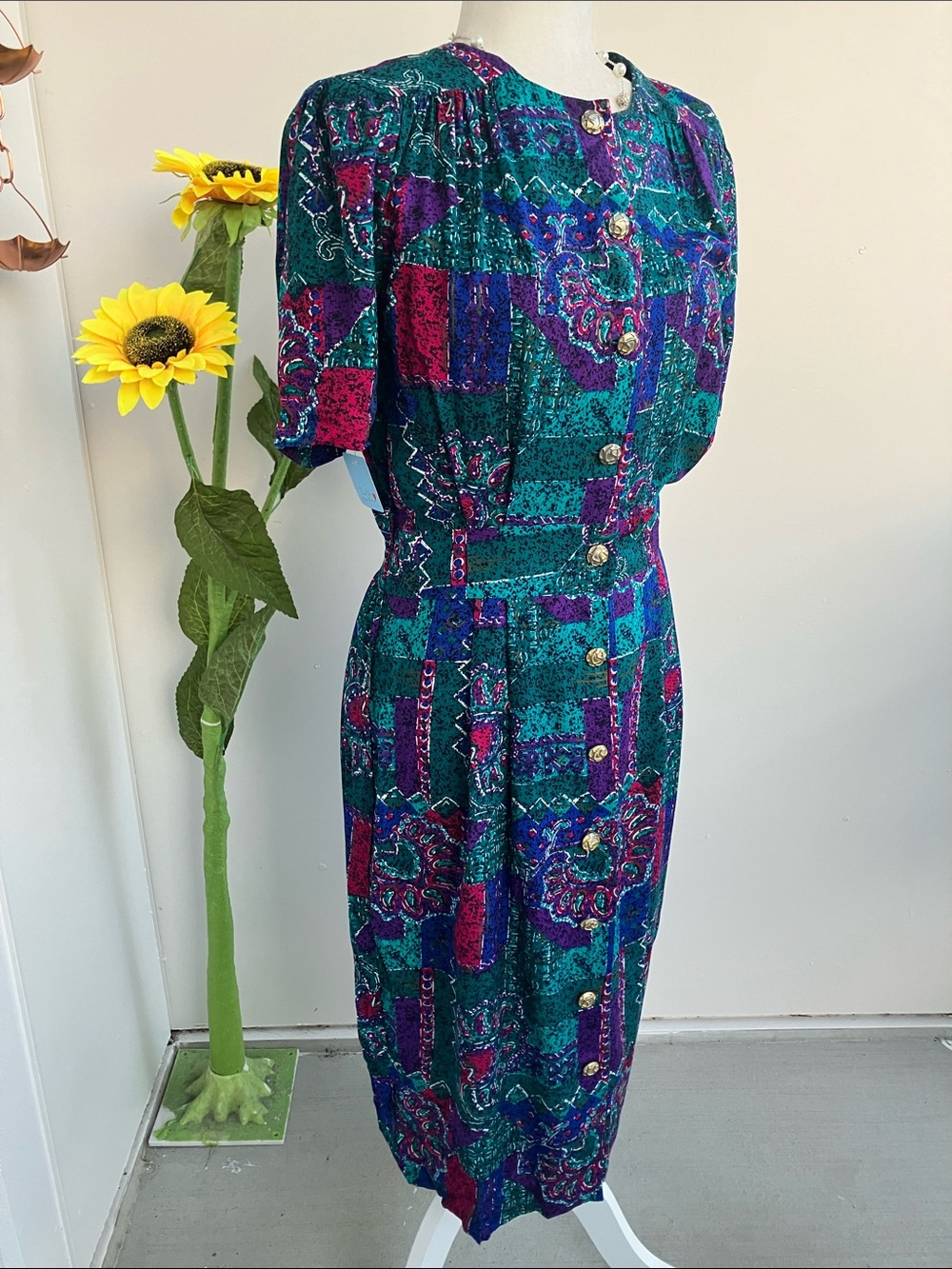 Vintage 80s Retro Abstract Blue Green & Pink Print Sheath Midi Dress